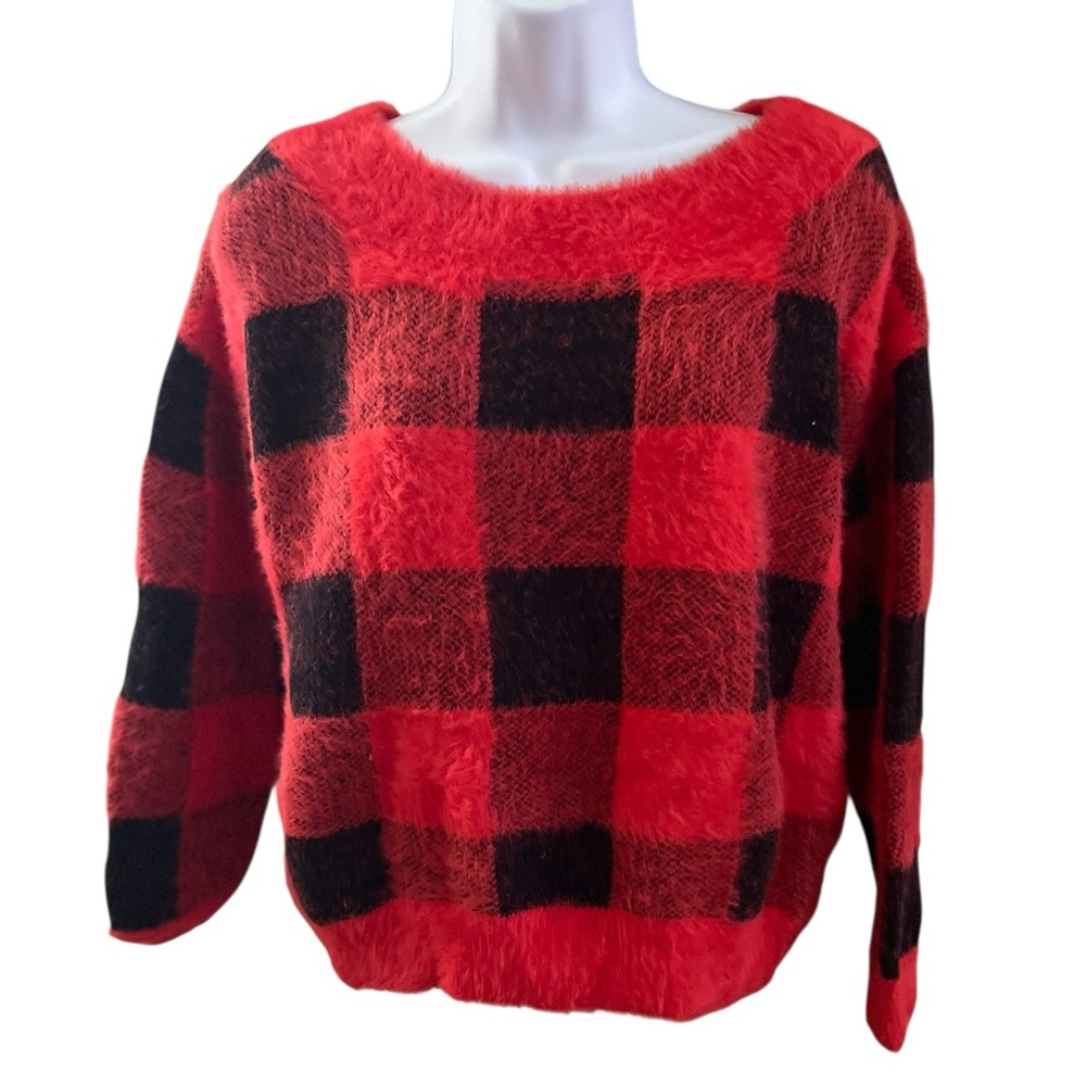 NWOT Express Red Buffalo Check Fuzzy Fleece Pullover Sweater Size Small